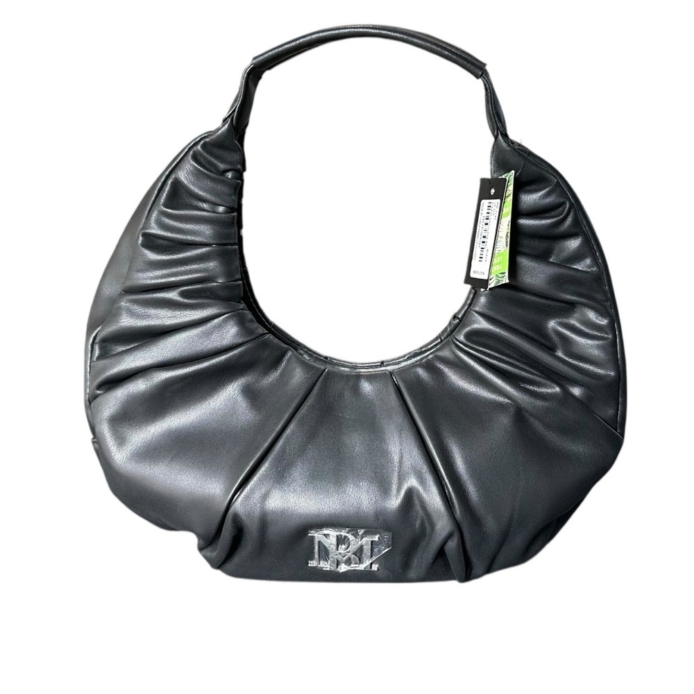 Badgley Mischka NWT Black Vegan Leather Pleats Moon Hobo Bag